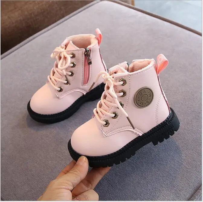 2020 Autumn/Winter Children Boots Boys Girls Leather Boots Plush Fashion Waterproof Non-slip Warm Kids Boots Shoes 21-30