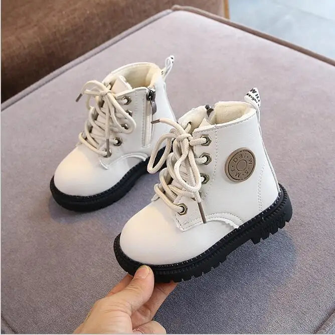 2020 Autumn/Winter Children Boots Boys Girls Leather Boots Plush Fashion Waterproof Non-slip Warm Kids Boots Shoes 21-30