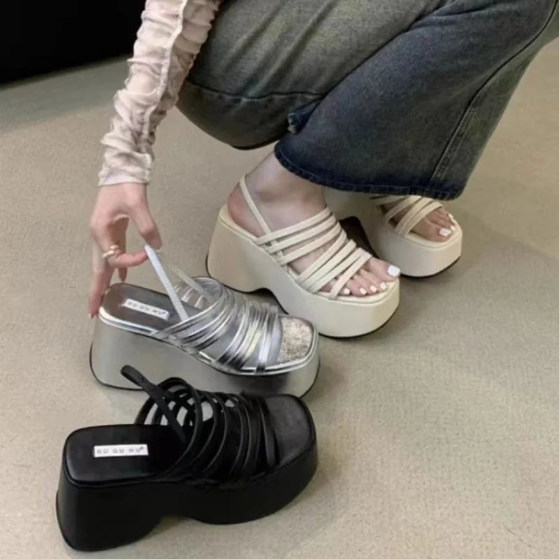 2024 new Beach Fashion Water proof Roman Sandals Women's Chunky Heels Fashion High Heeled Slippers Slope heel Casual Sandalias