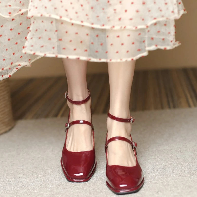 2024 New Mary Jane Shoes High Quality Leather Shoes Shallow Square Toe Womens Sandals Buckle Strap Women's Pumps
