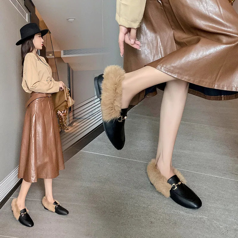 Retro Loafers 2024 Fashion Women's Shoes Autumn and Winter Women Velvet Warm Flat-bottomed Rabbit Fur Leather Shoes