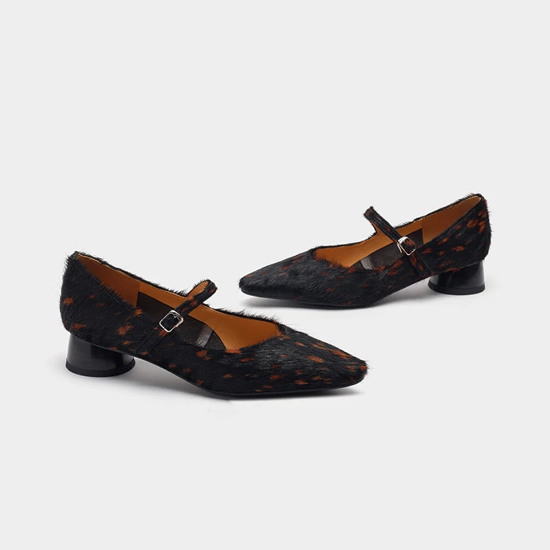 AIYUQI 2025 new pointed toe women's shoes Pony hair strap Mary Jane shoes women Large size leopard print formal female shoes