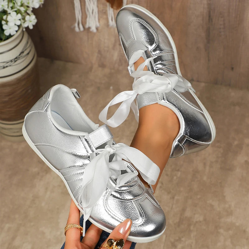 Fashion Gold Silver Women's Flat Sneakers Lightweight Soft Sole Casual Shoes Woman Comfortable Non Slip Flat Shoes Plus Size 43