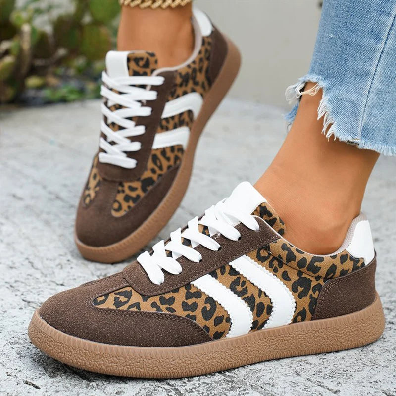 Korean Leopard Print Women's Sneakers Comfortable Lace Up Vulcanize Shoes for Women Autumn Winter 2025 Anti Slip Casual Shoes