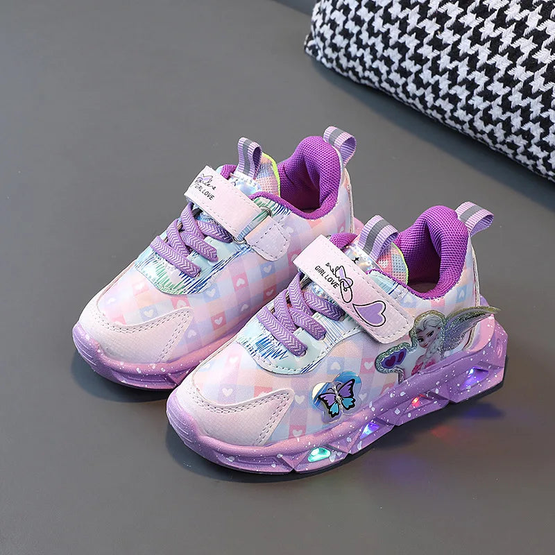 Disney LED Casual Sneakers For Spring Girls Frozen Elsa Princess Print Pu Leather Shoes Children Lighted Non-slip Pink Purple