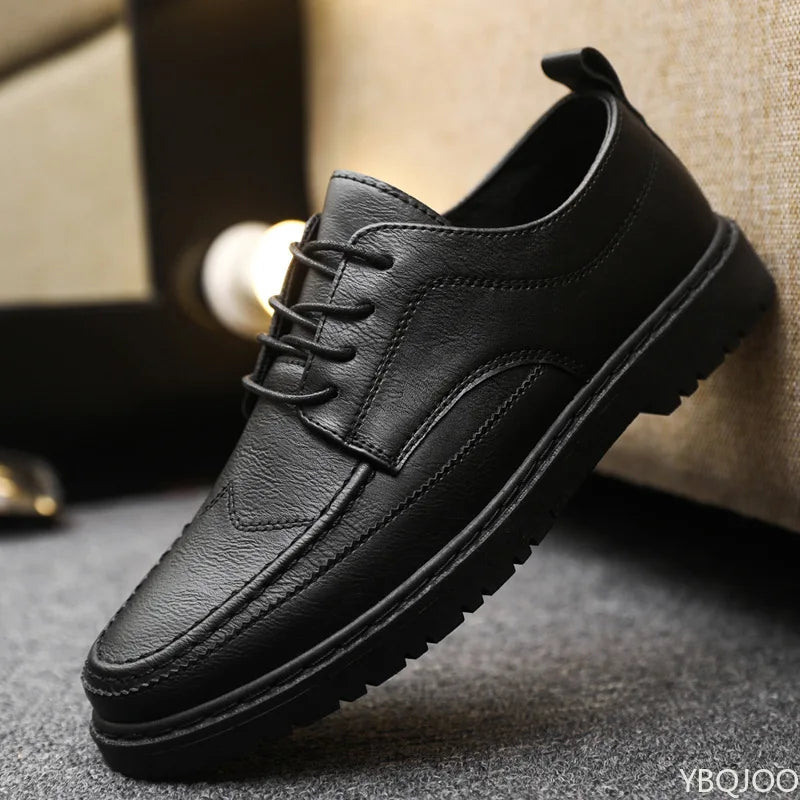 Men's Casual Leather Shoes Trendy Summer Breathable Black Work Shoes Casual Classic Fashion Formal Comfortable Flat Shoes