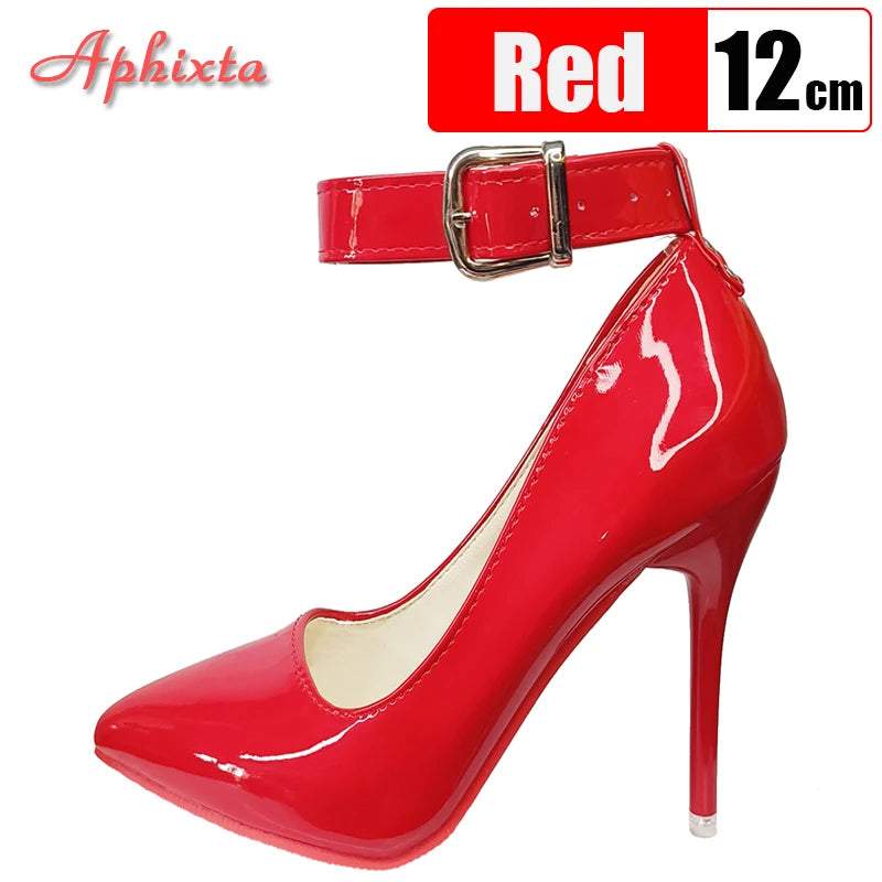 Aphixta 10cm/12cm Metal Belt Buckle Stiletto Heels Pumps Women Party Shoes Rivets Buckle Strap Pimp Pointed Toe Size 48 49 50