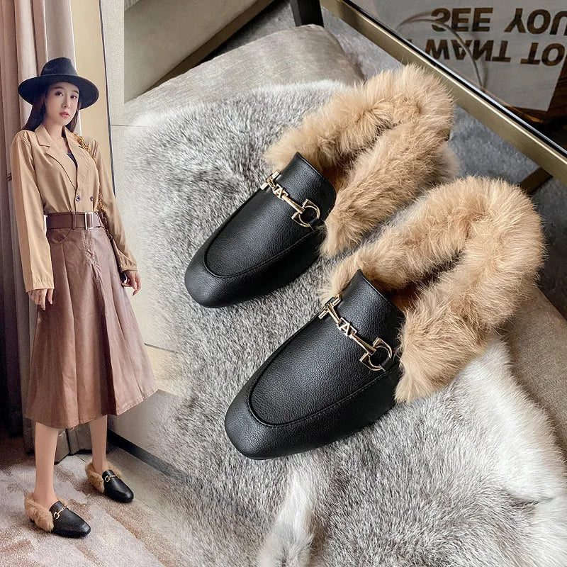 Retro Loafers 2024 Fashion Women's Shoes Autumn and Winter Women Velvet Warm Flat-bottomed Rabbit Fur Leather Shoes