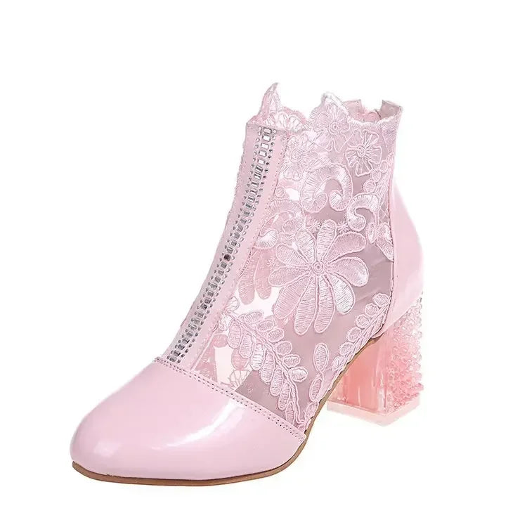 Ethnic Style Women Retro Lace High Heels Ankle Boots Autumn Embroider Pointed Toe Platform Short Boot Thick Heeled Pumps Zapatos