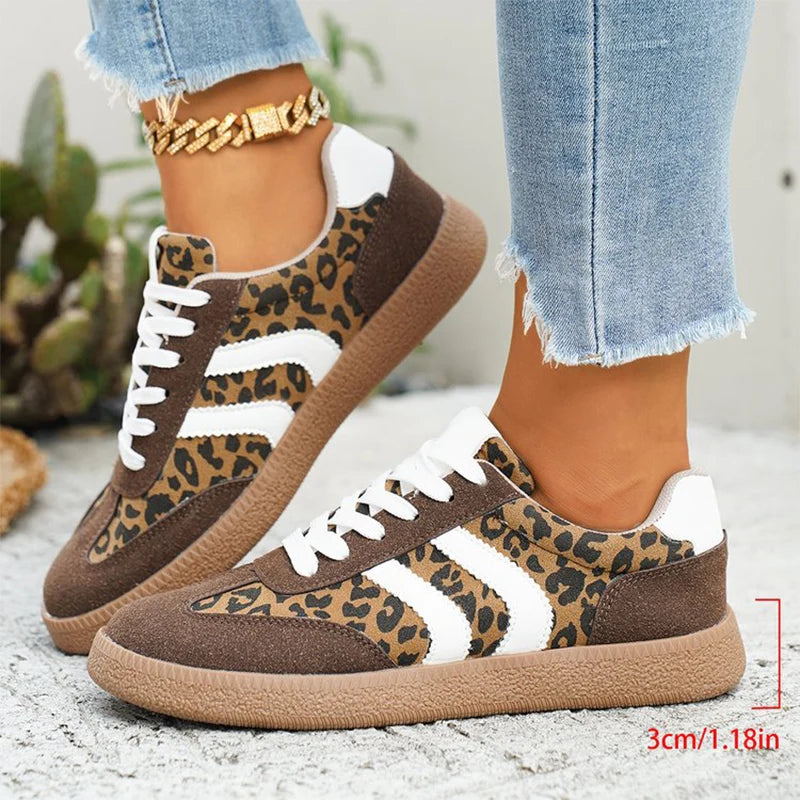 Korean Leopard Print Women's Sneakers Comfortable Lace Up Vulcanize Shoes for Women Autumn Winter 2025 Anti Slip Casual Shoes