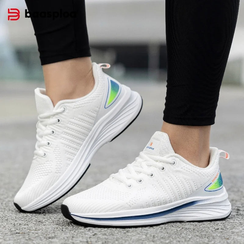 Baasploa Women Running Shoes Comfort Lightweight Sport Shoes New Mesh Breathable White Casual Sneakers Lace-Up Non-Slip