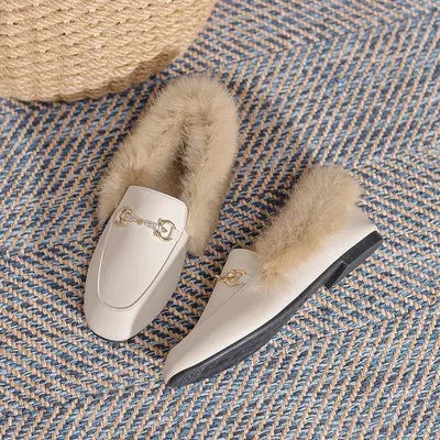 Retro Loafers 2024 Fashion Women's Shoes Autumn and Winter Women Velvet Warm Flat-bottomed Rabbit Fur Leather Shoes