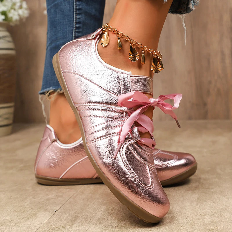 Fashion Gold Silver Women's Flat Sneakers Lightweight Soft Sole Casual Shoes Woman Comfortable Non Slip Flat Shoes Plus Size 43