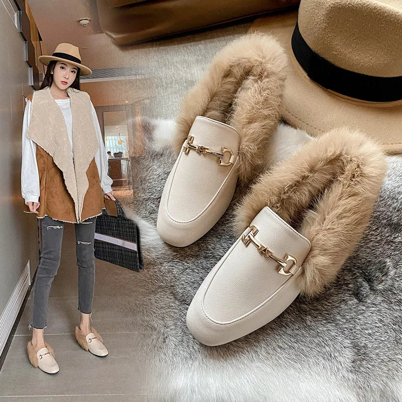 Retro Loafers 2024 Fashion Women's Shoes Autumn and Winter Women Velvet Warm Flat-bottomed Rabbit Fur Leather Shoes
