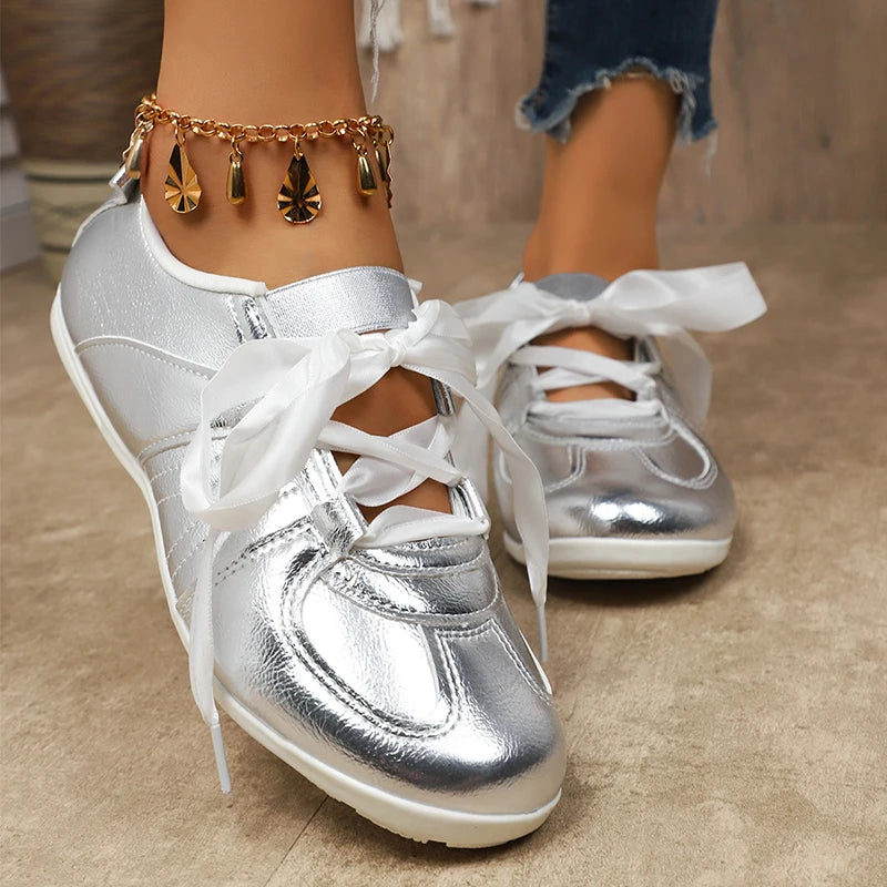 Fashion Gold Silver Women's Flat Sneakers Lightweight Soft Sole Casual Shoes Woman Comfortable Non Slip Flat Shoes Plus Size 43