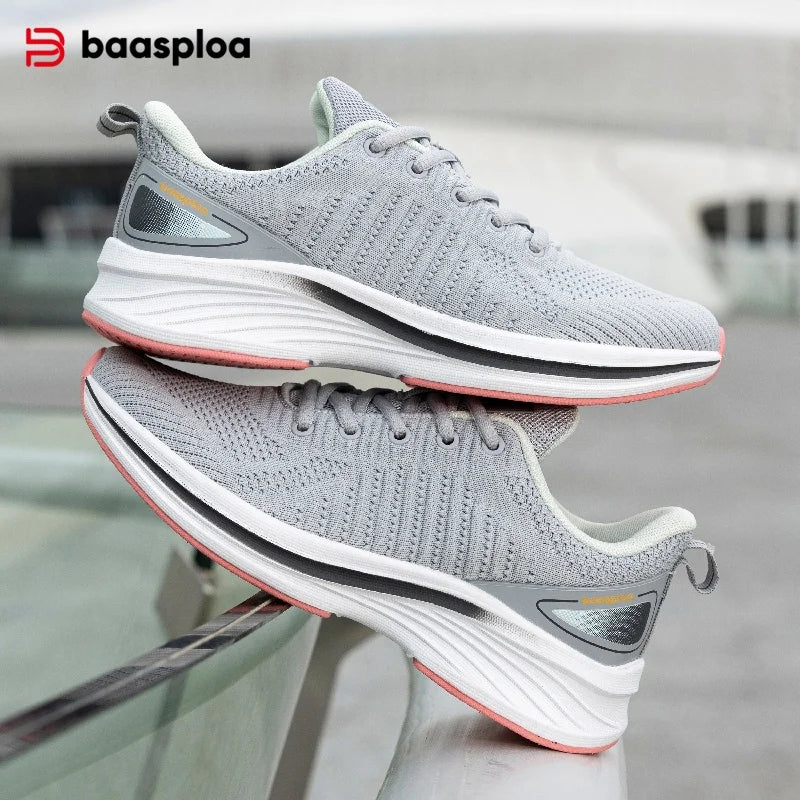 Baasploa Women Running Shoes Comfort Lightweight Sport Shoes New Mesh Breathable White Casual Sneakers Lace-Up Non-Slip