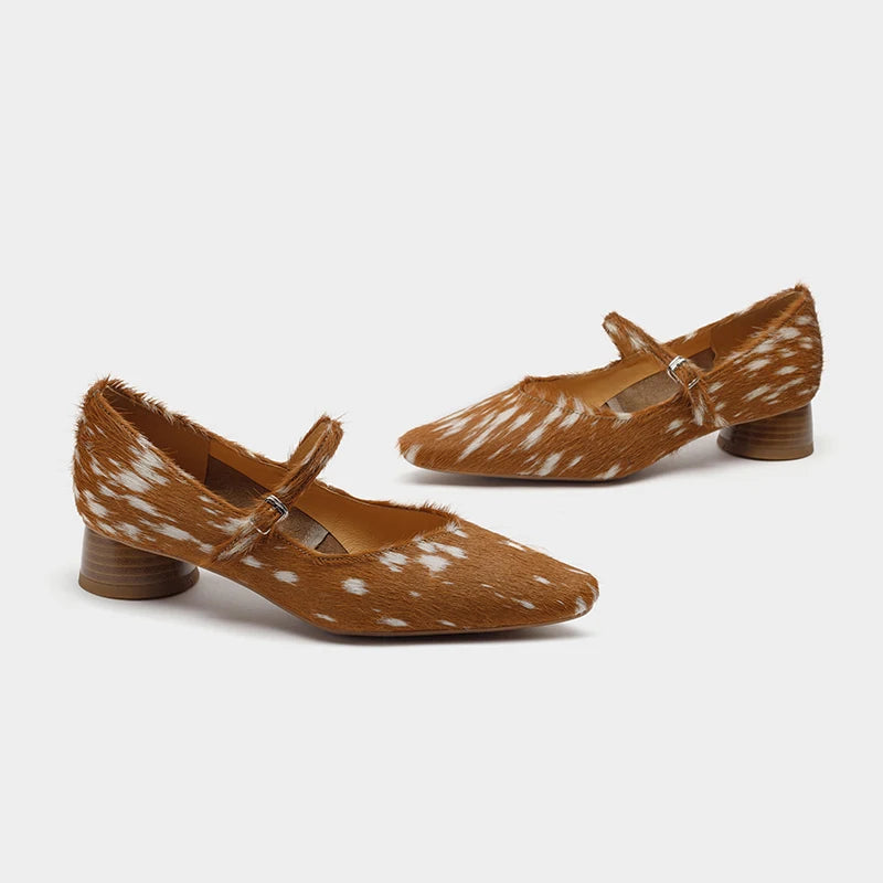 AIYUQI 2025 new pointed toe women's shoes Pony hair strap Mary Jane shoes women Large size leopard print formal female shoes