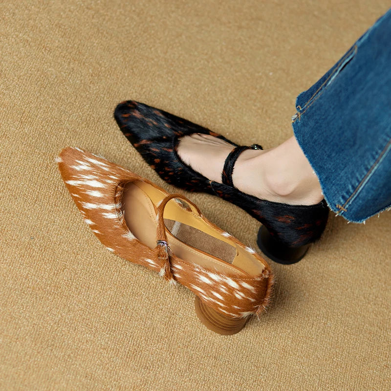 AIYUQI 2025 new pointed toe women's shoes Pony hair strap Mary Jane shoes women Large size leopard print formal female shoes
