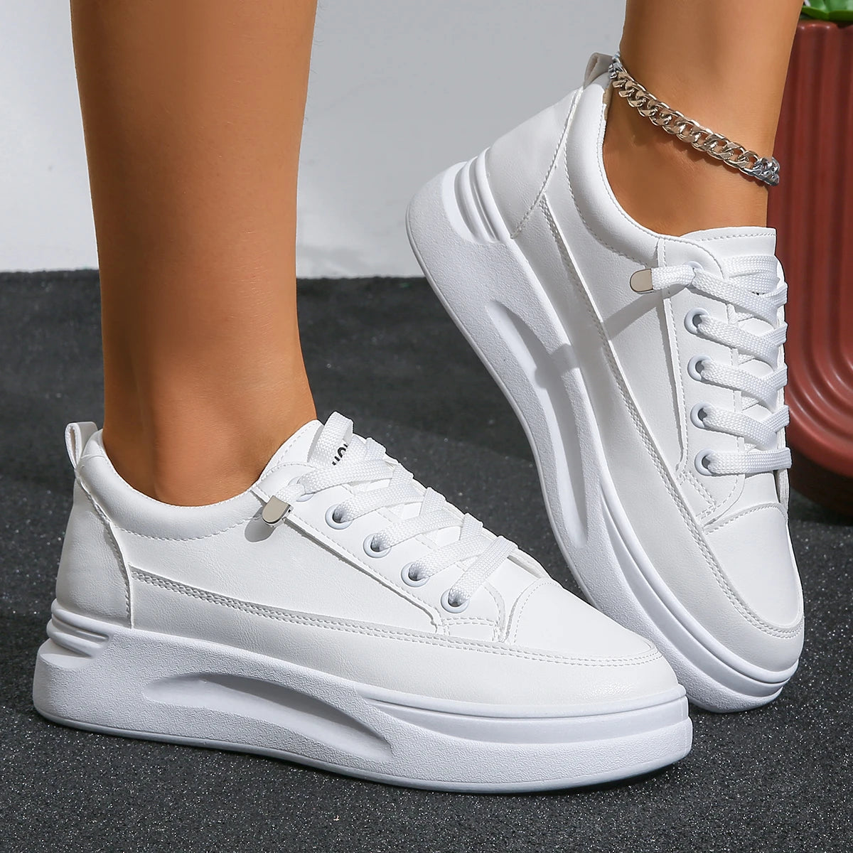Women White Sneakers Autumn Lace Up Thick Bottom Casual Flats Anti-slip Outdoor Walking Sports Board Shoes Sapatos Femininos