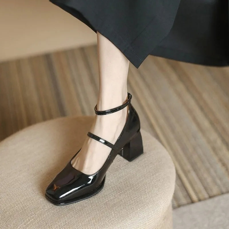 2024 New Mary Jane Shoes High Quality Leather Shoes Shallow Square Toe Womens Sandals Buckle Strap Women's Pumps