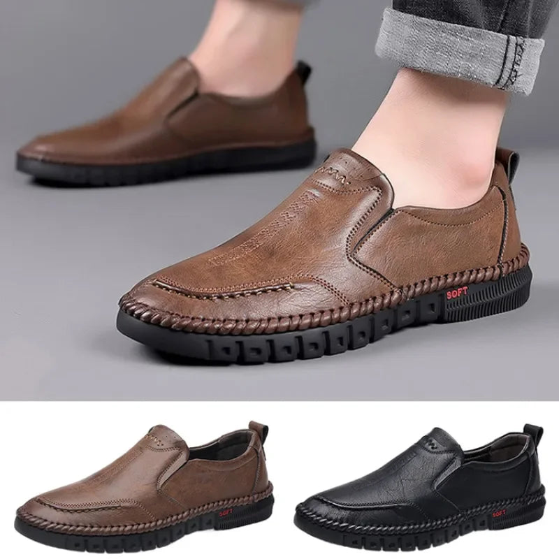 Men's Hand Stitched Genuine Leather Slip On Shoes Business Formal Occasion Wedding Party Footwear Leisure Official Board-Shoes