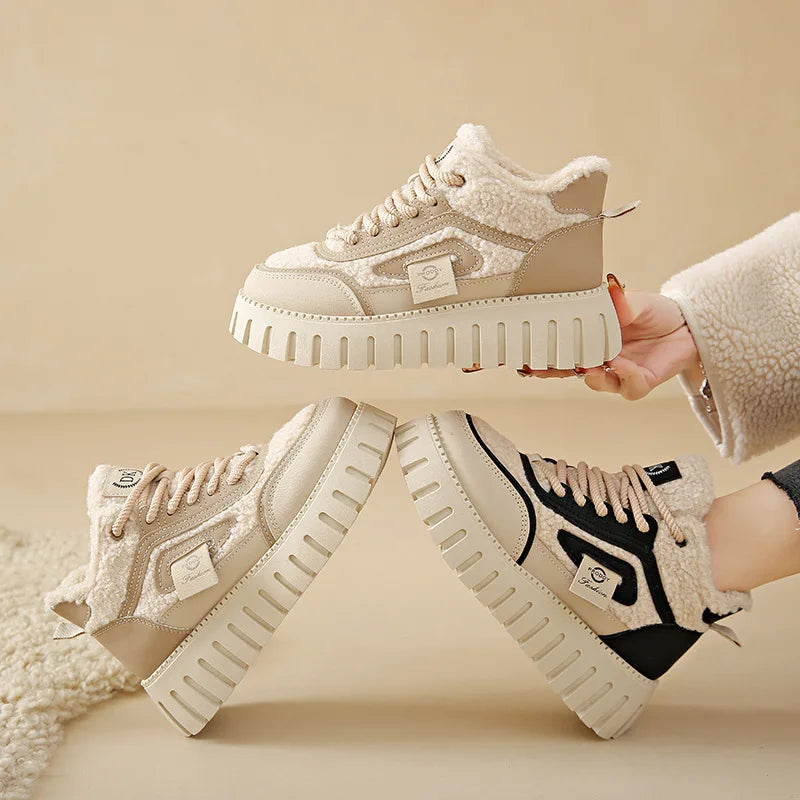 New Winter Warm Cotton Shoes Ladies Plush Fur Thick Sole Lace Up Casual Sneakers Women Outside Flat Comfortable Running Shoes