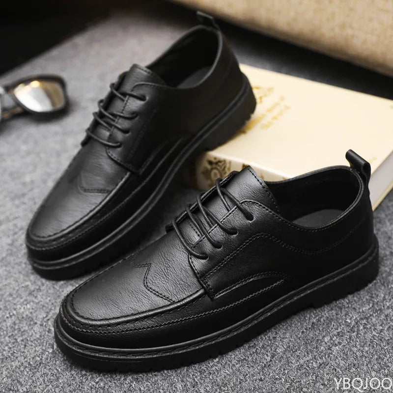 Men's Casual Leather Shoes Trendy Summer Breathable Black Work Shoes Casual Classic Fashion Formal Comfortable Flat Shoes