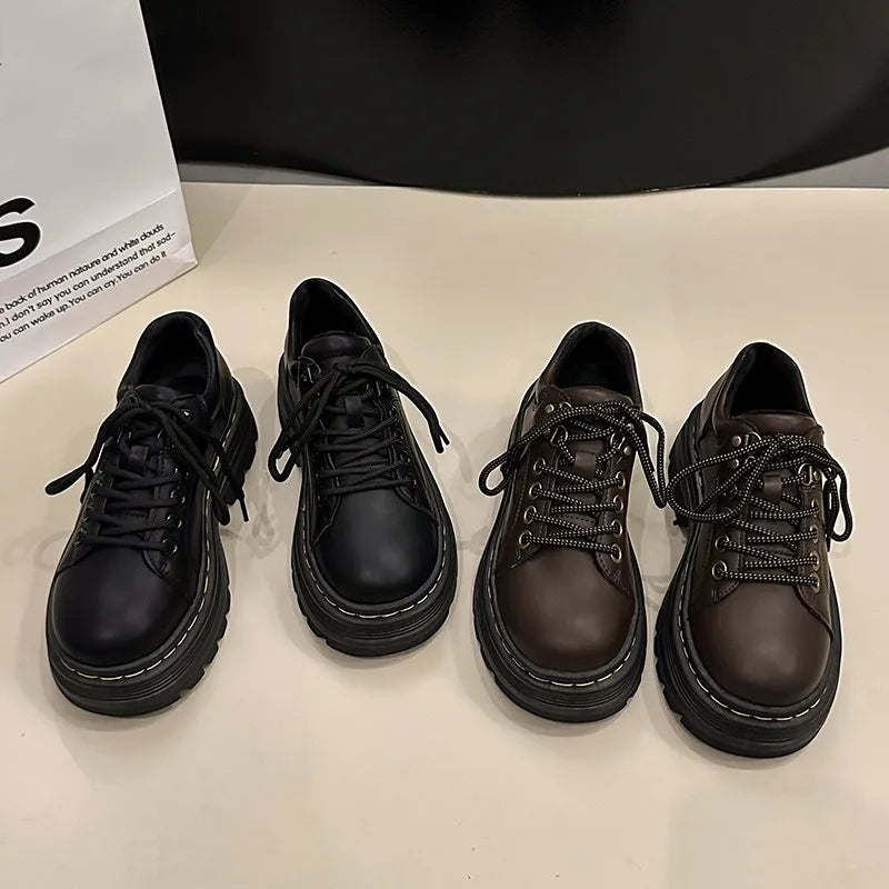 Womens Derby Shoes Autumn British Style Female Footwear Loafers With Fur Round Toe Clogs Platform Casual Sneaker Leather Fall Pr