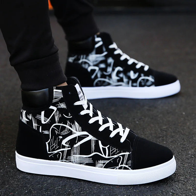 Spring and Autumn Fashion High Top Flat Bottom Black Vulcanized Men's Shoes Student Canvas Trend Winter Youth Board Shoes