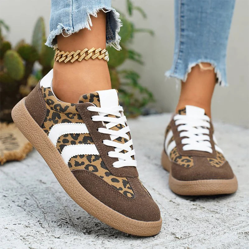 Korean Leopard Print Women's Sneakers Comfortable Lace Up Vulcanize Shoes for Women Autumn Winter 2025 Anti Slip Casual Shoes