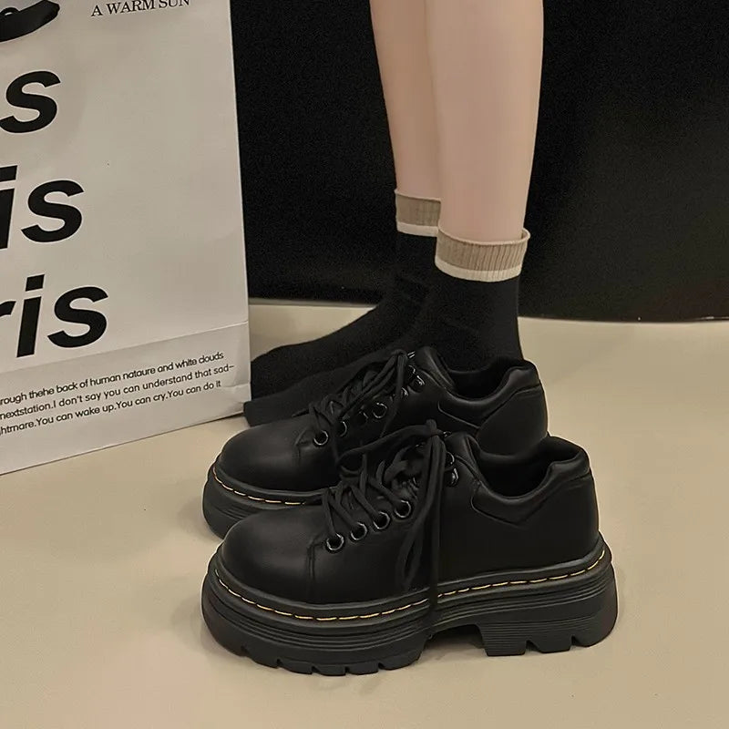 Womens Derby Shoes Autumn British Style Female Footwear Loafers With Fur Round Toe Clogs Platform Casual Sneaker Leather Fall Pr