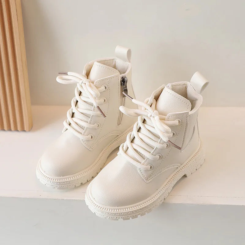 2024 Autumn New Children Ankle Boots for Girls White Fashion Leather Shoes Student Non Slip Short Boots Versatile Kids Shoes