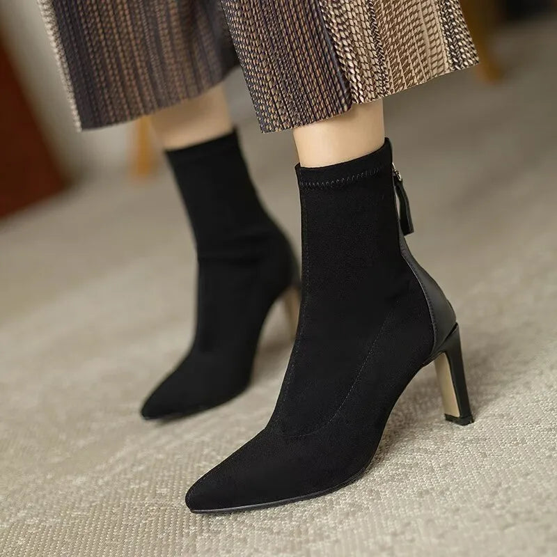 2024 Women Ankle Boots Fashion Pointed Toe Ladies Elegant Short Boots Thin High Heel Autumn Winter Women's Boots D89