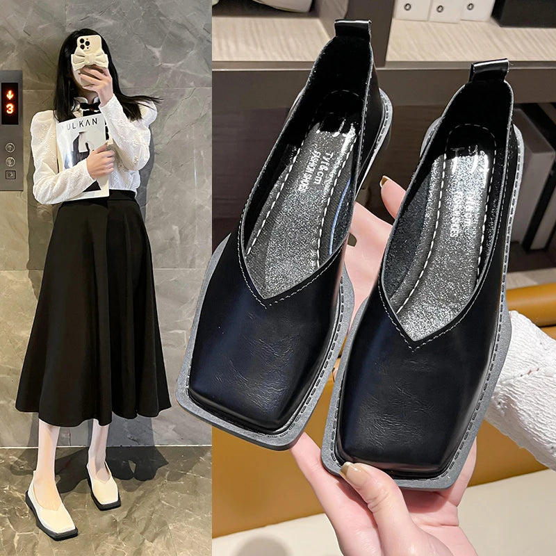 2023 Flat Shoes Women Square Toe Single Shoes Simple Temperament Leather Shoes Spring  round toe heels