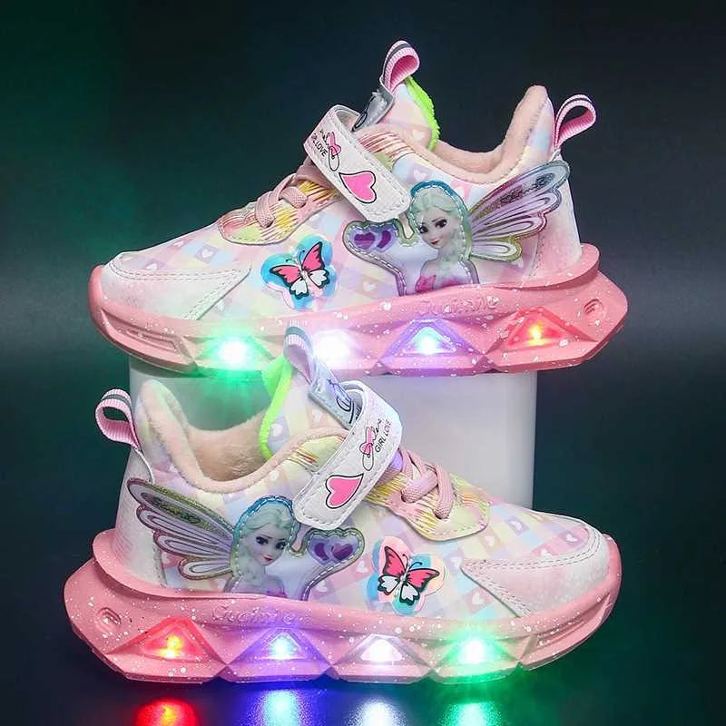 Disney LED Casual Sneakers For Spring Girls Frozen Elsa Princess Print Pu Leather Shoes Children Lighted Non-slip Pink Purple
