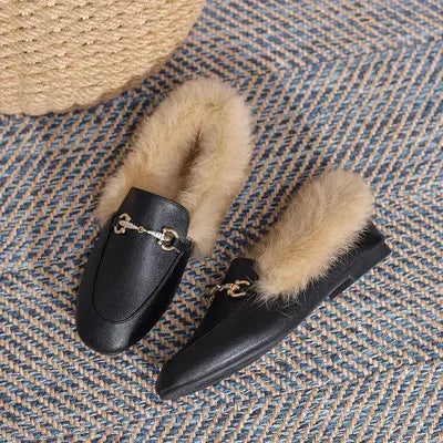 Retro Loafers 2024 Fashion Women's Shoes Autumn and Winter Women Velvet Warm Flat-bottomed Rabbit Fur Leather Shoes