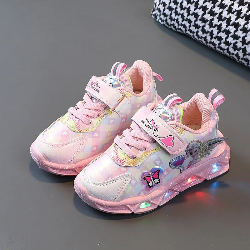 Disney LED Casual Sneakers For Spring Girls Frozen Elsa Princess Print Pu Leather Shoes Children Lighted Non-slip Pink Purple
