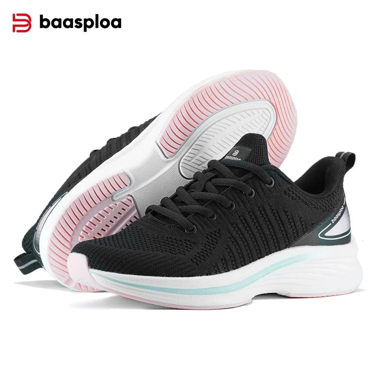 Baasploa Women Running Shoes Comfort Lightweight Sport Shoes New Mesh Breathable White Casual Sneakers Lace-Up Non-Slip
