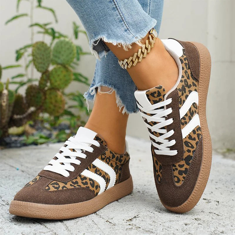 Korean Leopard Print Women's Sneakers Comfortable Lace Up Vulcanize Shoes for Women Autumn Winter 2025 Anti Slip Casual Shoes