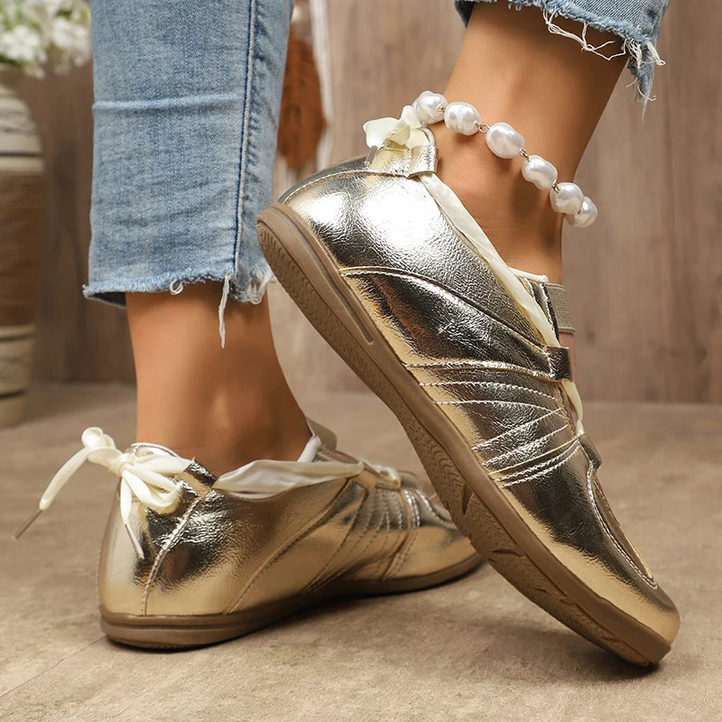 Fashion Gold Silver Women's Flat Sneakers Lightweight Soft Sole Casual Shoes Woman Comfortable Non Slip Flat Shoes Plus Size 43