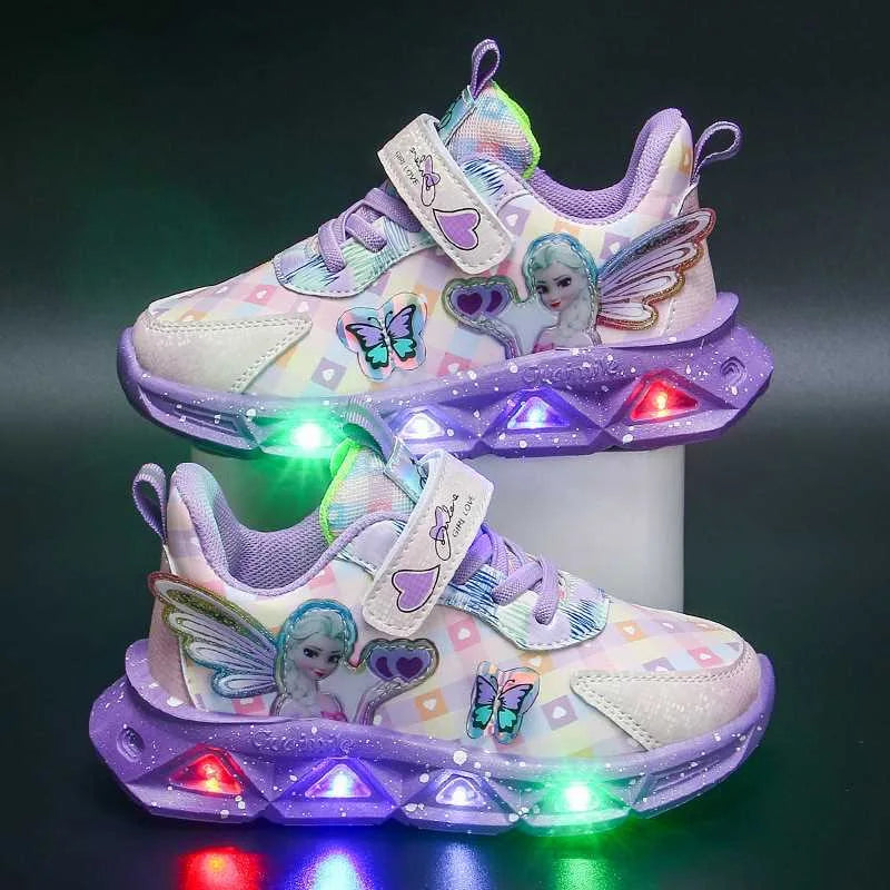 Disney LED Casual Sneakers For Spring Girls Frozen Elsa Princess Print Pu Leather Shoes Children Lighted Non-slip Pink Purple