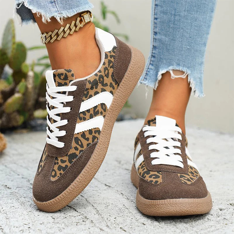 Korean Leopard Print Women's Sneakers Comfortable Lace Up Vulcanize Shoes for Women Autumn Winter 2025 Anti Slip Casual Shoes