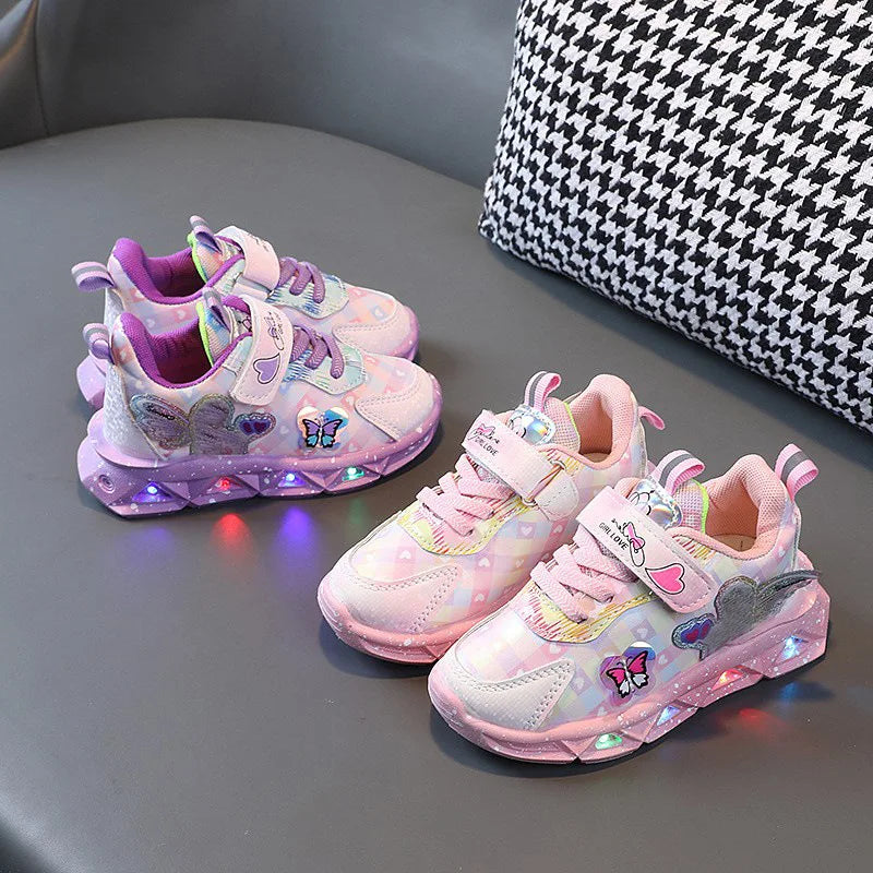 Disney LED Casual Sneakers For Spring Girls Frozen Elsa Princess Print Pu Leather Shoes Children Lighted Non-slip Pink Purple