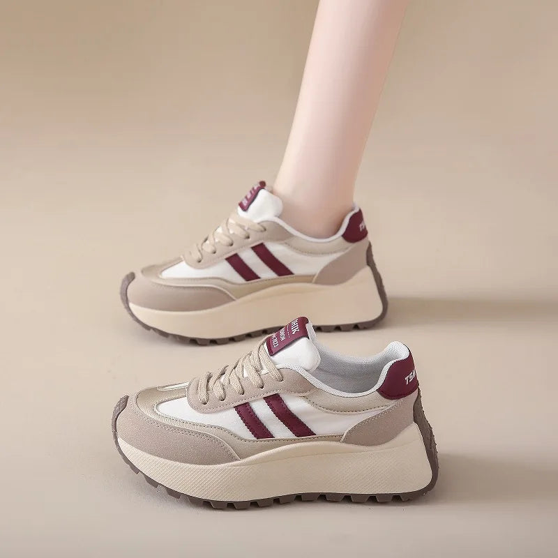 2024 autumn Spring Thick Bottom Women's Shoes Casual Patchwork Leather Sneakers Casual Vulcanised Shoes Ladies Chaussure Femme