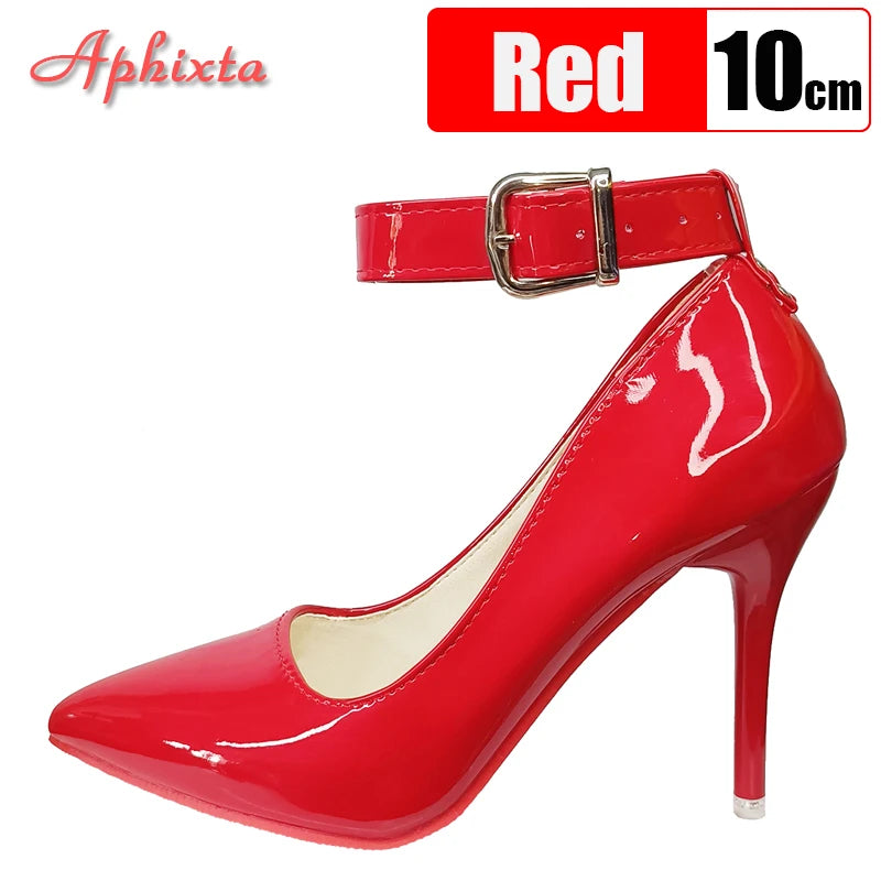Aphixta 10cm/12cm Metal Belt Buckle Stiletto Heels Pumps Women Party Shoes Rivets Buckle Strap Pimp Pointed Toe Size 48 49 50