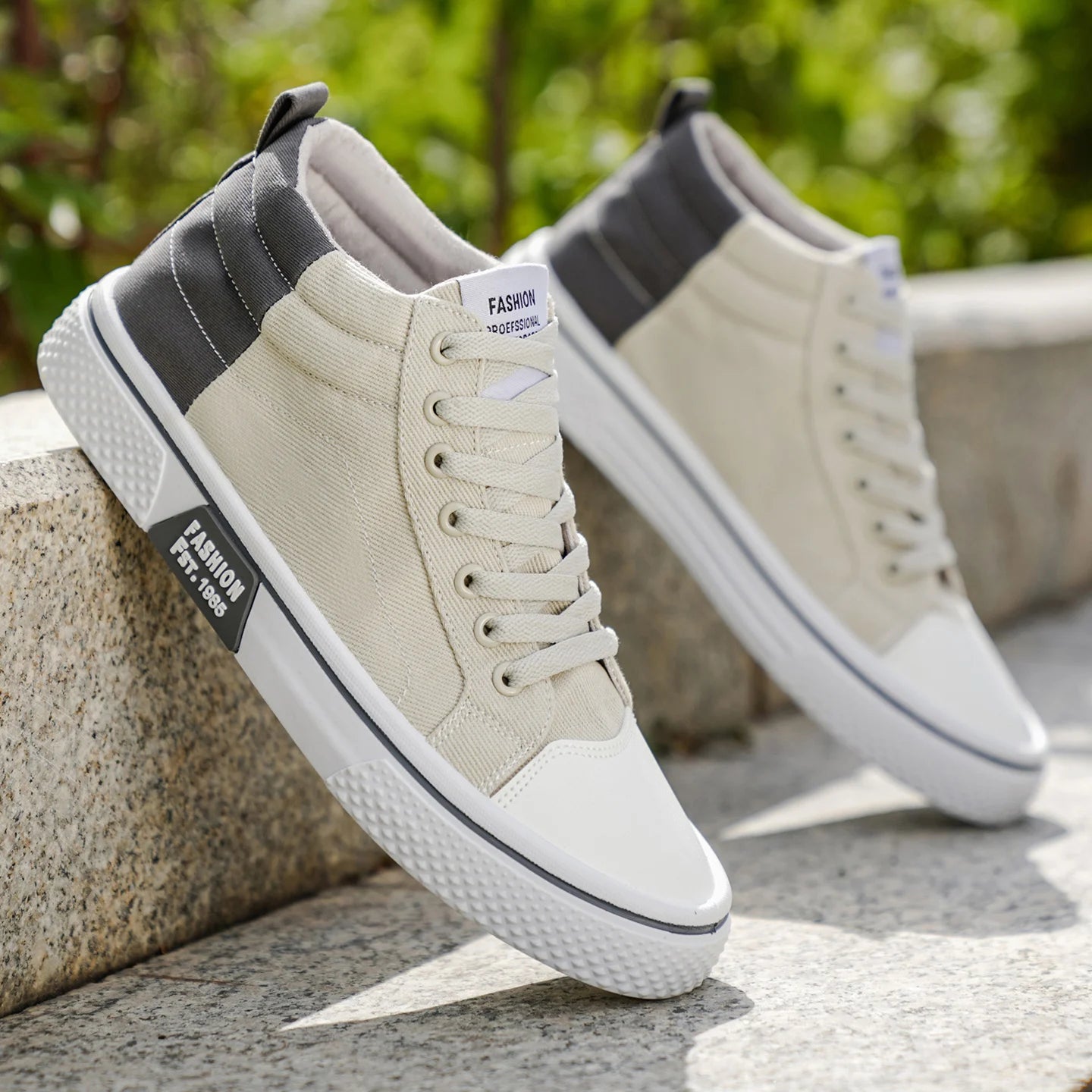 Men's canvas shoes, fashionable and trendy, mid-top, comfortable, suitable for outdoor hiking, lightweight, blue and beige, vers